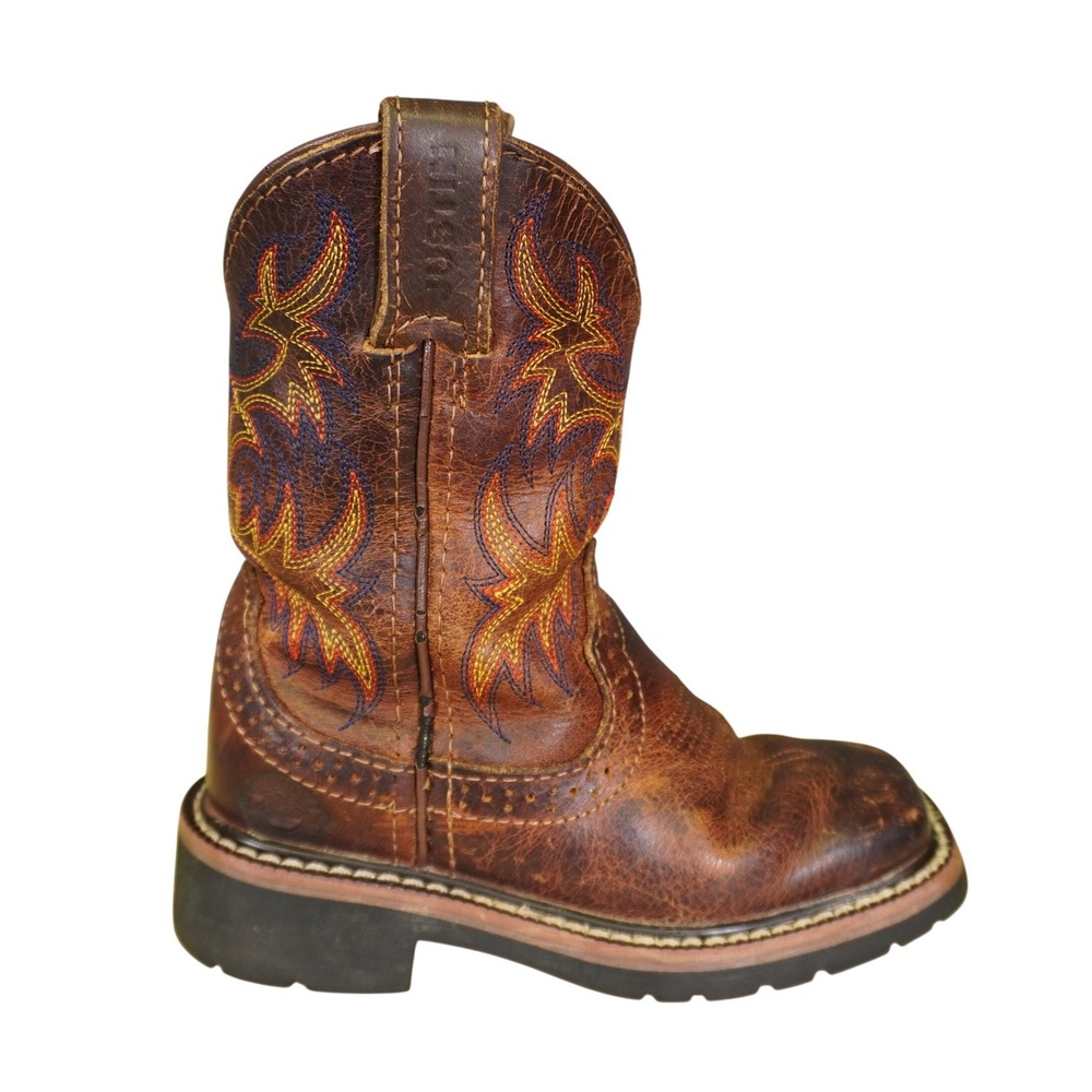 Justin Work Boots Kids 8.5D Brown Leather Flame Embroidery Square Toe Western